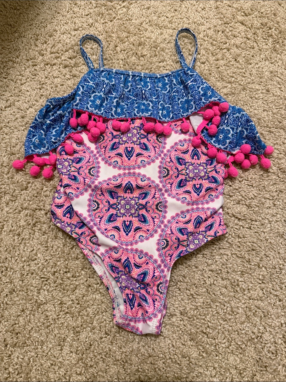 Nicole Miller Pink & Blue Mosaic Pom-Trim One-Piece Swimsuit